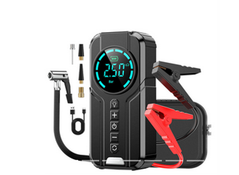 Compresor de aire portátil multifuncional con pantalla LED y arranque de emergencia.